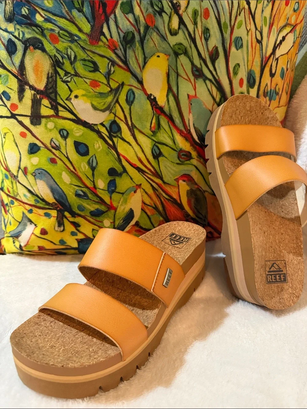 Like New, Reef Tan Double-Strap Cork Platform Slides   NOTE: These are WOMENS!!